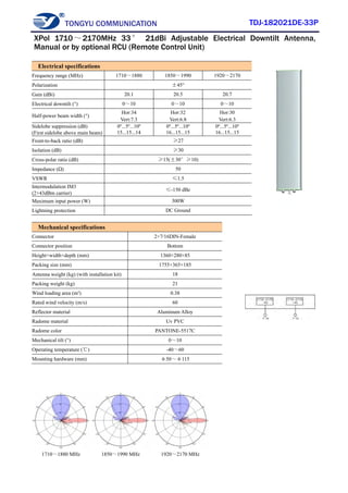 TONGYU COMMUNICATION TDJ-182021DE-33P
1710～1880 MHz 1850～1990 MHz 1920～2170 MHz
Electrical specifications
Frequency range (MHz) 1710～1880 1850～1990 1920～2170
Polarization ±45°
Gain (dBi) 20.1 20.5 20.7
Electrical downtilt (°) 0～10 0～10 0～10
Half-power beam width (°)
Hor:34
Vert:7.3
Hor:32
Vert:6.8
Hor:30
Vert:6.3
Sidelobe suppression (dB)
(First sidelobe above main beam)
0º...5º...10º
15...15...14
0º...5º...10º
16...15...15
0º...5º...10º
16...15...15
Front-to-back ratio (dB) ≥27
Isolation (dB) ≥30
Cross-polar ratio (dB) ≥15(±30°≥10)
Impedance (Ω) 50
VSWR ≤1.5
Intermodulation IM3
(2×43dBm carrier)
≤-150 dBc
Maximum input power (W) 300W
Lightning protection DC Ground
Mechanical specifications
Connector 2×7/16DIN-Female
Connector position Bottom
Height×width×depth (mm) 1360×280×85
Packing size (mm) 1755×365×185
Antenna weight (kg) (with installation kit) 18
Packing weight (kg) 21
Wind loading area (m²) 0.38
Rated wind velocity (m/s) 60
Reflector material Aluminum Alloy
Radome material Uv PVC
Radome color PANTONE-5517C
Mechanical tilt (°) 0～10
Operating temperature (℃) -40～60
Mounting hardware (mm) φ50～φ115
XPol 1710～2170MHz 33° 21dBi Adjustable Electrical Downtilt Antenna,
Manual or by optional RCU (Remote Control Unit)
 