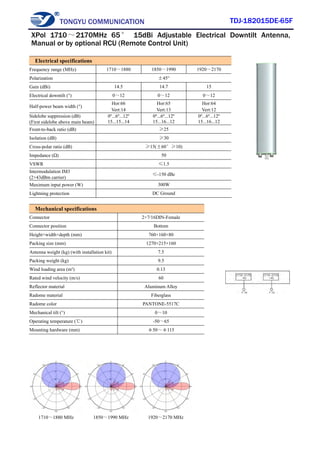 TONGYU COMMUNICATION TDJ-182015DE-65F
1710～1880 MHz 1850～1990 MHz 1920～2170 MHz
Electrical specifications
Frequency range (MHz) 1710～1880 1850～1990 1920～2170
Polarization ±45°
Gain (dBi) 14.5 14.7 15
Electrical downtilt (°) 0～12 0～12 0～12
Half-power beam width (°)
Hor:66
Vert:14
Hor:65
Vert:13
Hor:64
Vert:12
Sidelobe suppression (dB)
(First sidelobe above main beam)
0º...6º...12º
15...15...14
0º...6º...12º
15...16...12
0º...6º...12º
15...16...12
Front-to-back ratio (dB) ≥25
Isolation (dB) ≥30
Cross-polar ratio (dB) ≥15(±60°≥10)
Impedance (Ω) 50
VSWR ≤1.5
Intermodulation IM3
(2×43dBm carrier)
≤-150 dBc
Maximum input power (W) 300W
Lightning protection DC Ground
Mechanical specifications
Connector 2×7/16DIN-Female
Connector position Bottom
Height×width×depth (mm) 760×160×80
Packing size (mm) 1270×215×160
Antenna weight (kg) (with installation kit) 7.5
Packing weight (kg) 9.5
Wind loading area (m²) 0.13
Rated wind velocity (m/s) 60
Reflector material Aluminum Alloy
Radome material Fiberglass
Radome color PANTONE-5517C
Mechanical tilt (°) 0～10
Operating temperature (℃) -50～65
Mounting hardware (mm) φ50～φ115
XPol 1710～2170MHz 65° 15dBi Adjustable Electrical Downtilt Antenna,
Manual or by optional RCU (Remote Control Unit)
 