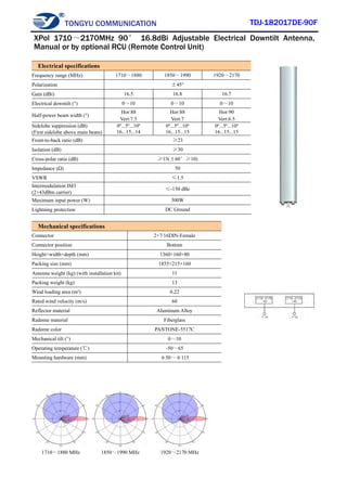 TONGYU COMMUNICATION TDJ-182017DE-90F
1710～1880 MHz 1850～1990 MHz 1920～2170 MHz
Electrical specifications
Frequency range (MHz) 1710～1880 1850～1990 1920～2170
Polarization ±45°
Gain (dBi) 16.5 16.8 16.7
Electrical downtilt (°) 0～10 0～10 0～10
Half-power beam width (°)
Hor:88
Vert:7.5
Hor:88
Vert:7
Hor:90
Vert:6.5
Sidelobe suppression (dB)
(First sidelobe above main beam)
0º...5º...10º
16...15...14
0º...5º...10º
16...15...15
0º...5º...10º
16...15...15
Front-to-back ratio (dB) ≥23
Isolation (dB) ≥30
Cross-polar ratio (dB) ≥15(±60°≥10)
Impedance (Ω) 50
VSWR ≤1.5
Intermodulation IM3
(2×43dBm carrier)
≤-150 dBc
Maximum input power (W) 300W
Lightning protection DC Ground
Mechanical specifications
Connector 2×7/16DIN-Female
Connector position Bottom
Height×width×depth (mm) 1360×160×80
Packing size (mm) 1855×215×160
Antenna weight (kg) (with installation kit) 11
Packing weight (kg) 13
Wind loading area (m²) 0.22
Rated wind velocity (m/s) 60
Reflector material Aluminum Alloy
Radome material Fiberglass
Radome color PANTONE-5517C
Mechanical tilt (°) 0～10
Operating temperature (℃) -50～65
Mounting hardware (mm) φ50～φ115
XPol 1710～2170MHz 90° 16.8dBi Adjustable Electrical Downtilt Antenna,
Manual or by optional RCU (Remote Control Unit)
 