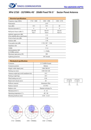 TONGYU COMMUNICATION TDJ-182020D-45PT0
1710～1880MHz 1850～1990MHz 1920～2170MHz
Electrical specifications
Frequency range (MHz) 1710～1880 1850～1990 1920～2170
Polarization ±45°
Gain (dBi) 19.5 19.5 20
Electrical downtilt (°) 0 0 0
Half-power beam width (°)
Hor:48
Vert:7
Hor:45
Vert:6
Hor:42
Vert:5.5
Sidelobe suppression (dB)
(First sidelobe above main beam)
≥15
Front-to-back ratio (dB) ≥30
Isolation (dB) ≥30
Cross-polar ratio (dB) ≥15(±30°≥10)
Impedance (Ω) 50
VSWR ≤1.4
Intermodulation IM3
(2×43dBm carrier)
≤-150dBc
Maximum input power (W) 300
Lightning protection DC Ground
Mechanical specifications
Connector 2×7/16DIN-Female
Connector position Bottom
Height×width×depth (mm) 1300×280×85
Packing size (mm) 1430×365×220
Antenna weight (kg) (with installation kit) 14.5
Packing weight (kg) 18.5
Wind loading area (m²) 0.36
Rated wind velocity (m/s) 60
Reflector material Aluminum Alloy
Radome material UV PVC
Radome color Pantone cool gray 3u
Mechanical tilt (°) 0～10
Operating temperature (℃) -40～60
Mounting hardware (mm) φ50～φ115
XPol 1710～2170MHz 45°20dBi Fixed Tilt 0° Sector Panel Antenna
 