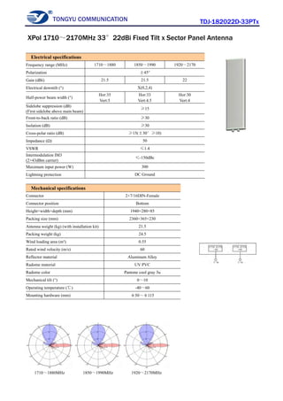 TONGYU COMMUNICATION TDJ-182022D-33PTx
1710～1880MHz 1850～1990MHz 1920～2170MHz
Electrical specifications
Frequency range (MHz) 1710～1880 1850～1990 1920～2170
Polarization ±45°
Gain (dBi) 21.5 21.5 22
Electrical downtilt (°) X(0,2,4)
Half-power beam width (°)
Hor:35
Vert:5
Hor:33
Vert:4.5
Hor:30
Vert:4
Sidelobe suppression (dB)
(First sidelobe above main beam)
≥15
Front-to-back ratio (dB) ≥30
Isolation (dB) ≥30
Cross-polar ratio (dB) ≥15(±30°≥10)
Impedance (Ω) 50
VSWR ≤1.4
Intermodulation IM3
(2×43dBm carrier)
≤-150dBc
Maximum input power (W) 300
Lightning protection DC Ground
Mechanical specifications
Connector 2×7/16DIN-Female
Connector position Bottom
Height×width×depth (mm) 1940×280×85
Packing size (mm) 2360×365×230
Antenna weight (kg) (with installation kit) 21.5
Packing weight (kg) 24.5
Wind loading area (m²) 0.55
Rated wind velocity (m/s) 60
Reflector material Aluminum Alloy
Radome material UV PVC
Radome color Pantone cool gray 3u
Mechanical tilt (°) 0～10
Operating temperature (℃) -40～60
Mounting hardware (mm) φ50～φ115
XPol 1710～2170MHz 33°22dBi Fixed Tilt x Sector Panel Antenna
 