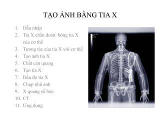TẠO ẢNH BẰNG TIA X
1. Dẫn nhập
2. Tia X chẩn đoán: bóng tia X
của cơ thể
3. Tương tác của tia X với cơ thể
4. Tạo ảnh tia X
5. Chất cản quang
6. Tạo tia X
7. Đầu đo tia X
8. Chụp nhũ ảnh
9. X quang số hóa
10. CT
11. Ứng dụng
 