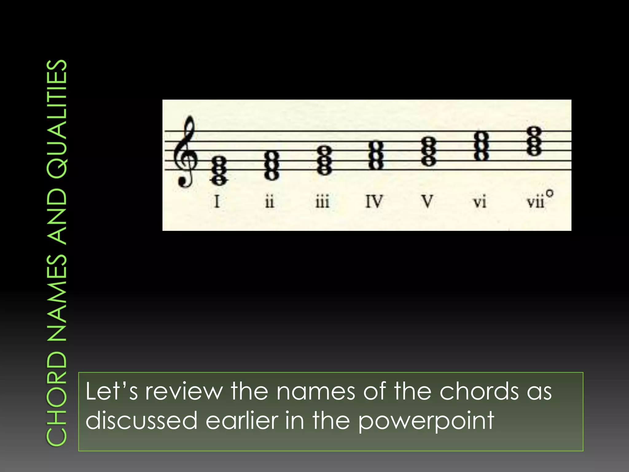 Let’s review the names of the chords as
discussed earlier in the powerpoint
