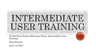 IT 385 Final Project Milestone Three: Intermediate User
Training
Toni Zelinski
June 18, 2017
 