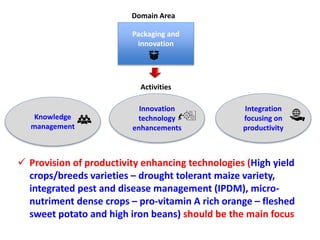 Packaging and
innovation
Knowledge
management
Innovation
technology
enhancements
Integration
focusing on
productivity
Domain Area
Activities
 Provision of productivity enhancing technologies (High yield
crops/breeds varieties – drought tolerant maize variety,
integrated pest and disease management (IPDM), micro-
nutriment dense crops – pro-vitamin A rich orange – fleshed
sweet potato and high iron beans) should be the main focus
 