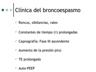 Clínica del broncoespasmo Roncus, sibilancias, rales Constantes de tiempo (  ) prolongadas Capnografía: Fase III ascendente Aumento de la presión pico TE prolongado Auto-PEEP 