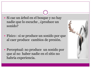  Si cae un árbol en el bosque y no hay
 nadie que lo escuche , ¿produce un
 sonido?

 Físico : si se produce un sonido por que
 al caer produce cambios de presión.

 Perceptual: no produce un sonido por
 que al no haber nadie en el sitio no
 habría experiencia.
 