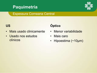 US
• Mais usado clinicamente
• Usado nos estudos
clínicos
Óptico
• Menor variabilidade
• Mais caro
• Hipoestima (~10µm)
Paquimetria
Espessura Corneana Central
 
