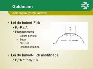 Goldmann
• Lei de Imbert-Fick
• Fe=Pi x A
• Pressupostos
• Esfera perfeita
• Seca
• Flexível
• Infinitamente fina
• Lei de Imbert-Fick modificada
• Fe+S = Pi.A1 + B
Aplanação (força variável)
 