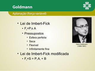 Goldmann
• Lei de Imbert-Fick
• Fe=Pi x A
• Pressupostos
• Esfera perfeita
• Seca
• Flexível
• Infinitamente fina
• Lei de Imbert-Fick modificada
• Fe+S = Pi.A1 + B
Aplanação (força variável)
Hans Goldmann
(1899-1991)
 