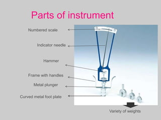 Parts of instrument
Curved metal foot plate
Metal plunger
Frame with handles
Variety of weights
Numbered scale
Indicator needle
Hammer
 