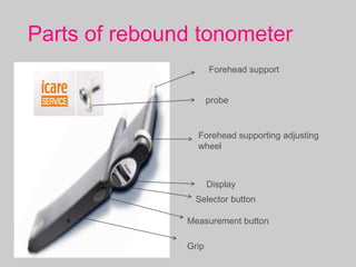 Parts of rebound tonometer
Display
Selector button
Measurement button
Grip
Forehead support
Forehead supporting adjusting
wheel
probe
 