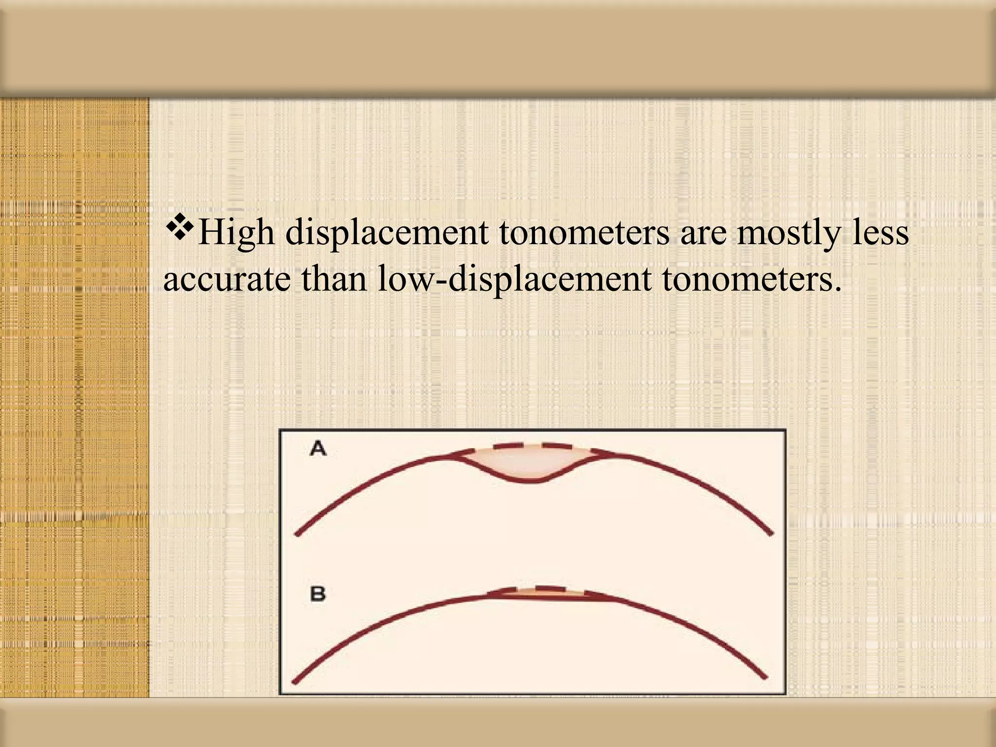 High displacement tonometers are mostly less
accurate than low-displacement tonometers.
 