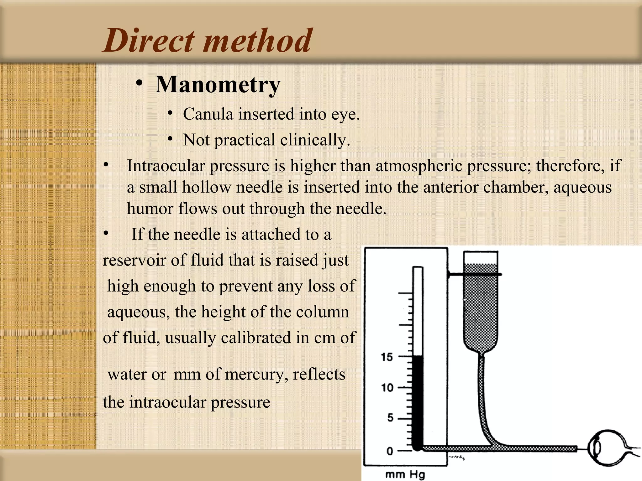 Direct method
    • Manometry
          • Canula inserted into eye.
          • Not practical clinically.
• Intraocular pressure is higher than atmospheric pressure; therefore, if
    a small hollow needle is inserted into the anterior chamber, aqueous
    humor flows out through the needle.
• If the needle is attached to a
reservoir of fluid that is raised just
 high enough to prevent any loss of
 aqueous, the height of the column
of fluid, usually calibrated in cm of

water or mm of mercury, reflects
the intraocular pressure
 