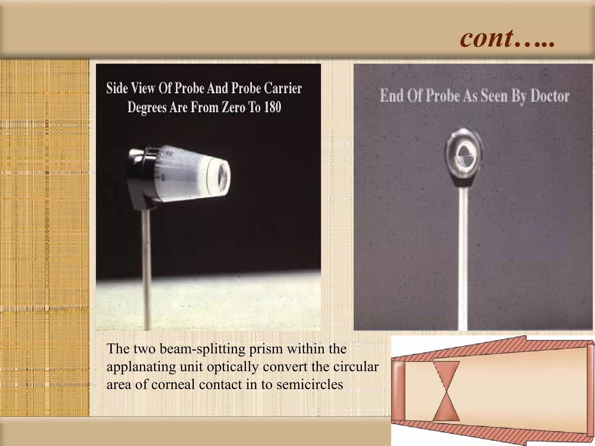 cont…..




The two beam-splitting prism within the
applanating unit optically convert the circular
area of corneal contact in to semicircles
 