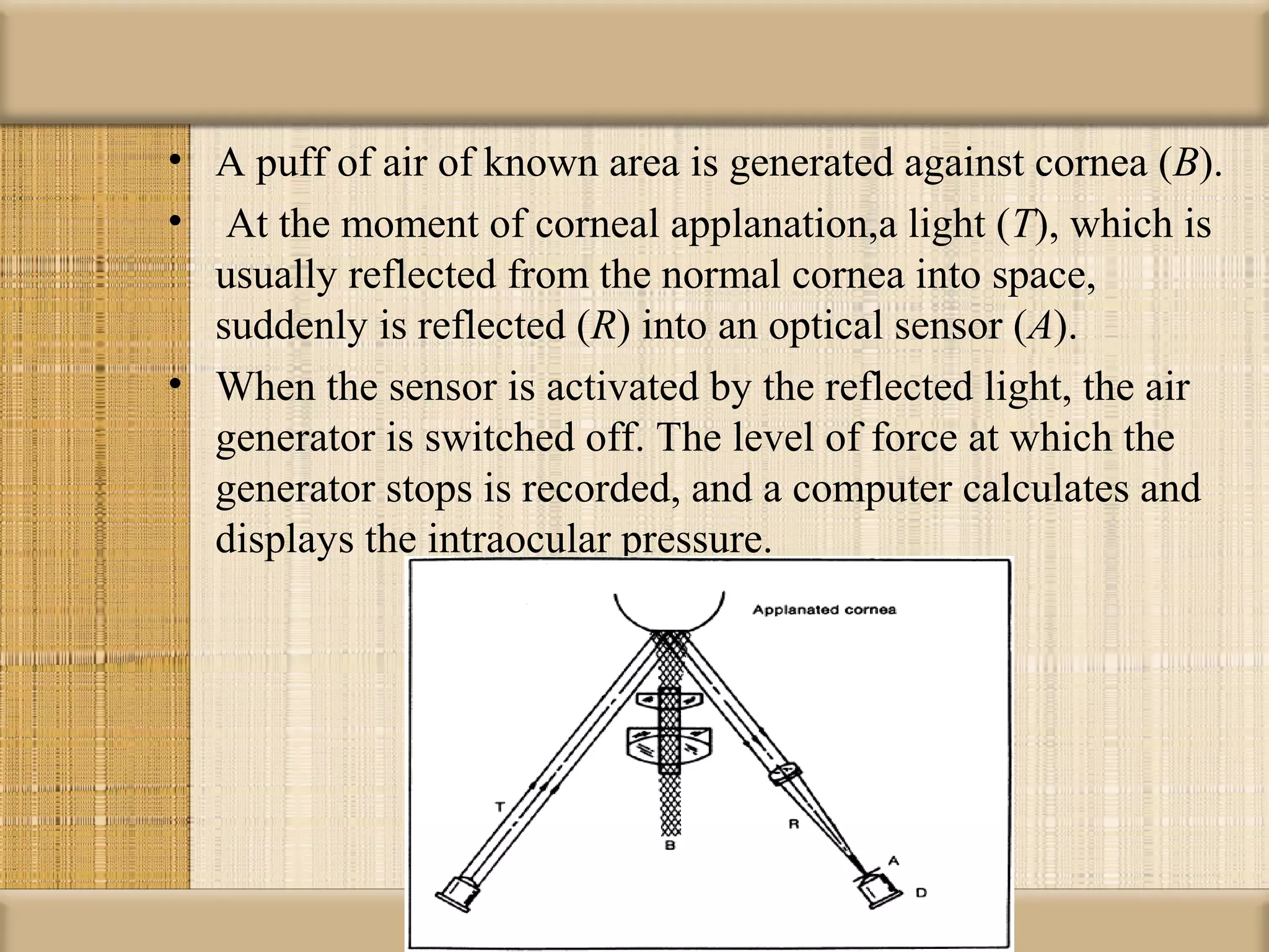 • A puff of air of known area is generated against cornea (B).
• At the moment of corneal applanation,a light (T), which is
  usually reflected from the normal cornea into space,
  suddenly is reflected (R) into an optical sensor (A).
• When the sensor is activated by the reflected light, the air
  generator is switched off. The level of force at which the
  generator stops is recorded, and a computer calculates and
  displays the intraocular pressure.
 