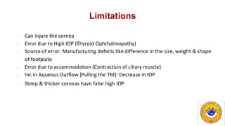 Limitations
- Can injure the cornea
- Error due to High IOP (Thyroid Ophthalmopathy)
- Source of error: Manufacturing defects like difference in the size, weight & shape
of footplate
- Error due to accommodation (Contraction of ciliary muscle)
- Inc in Aqueous Outflow (Pulling the TM): Decrease in IOP
- Steep & thicker corneas have false high IOP
 