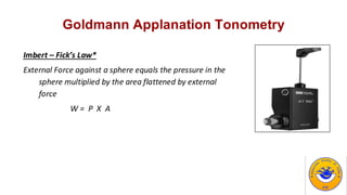 Goldmann Applanation Tonometry
Imbert – Fick’s Law*
External Force against a sphere equals the pressure in the
sphere multiplied by the area flattened by external
force
W = P X A
 