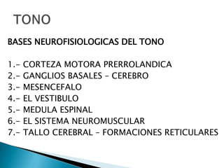 BASES NEUROFISIOLOGICAS DEL TONO
1.2.3.4.5.6.7.-

CORTEZA MOTORA PRERROLANDICA
GANGLIOS BASALES – CEREBRO
MESENCEFALO
EL VESTIBULO
MEDULA ESPINAL
EL SISTEMA NEUROMUSCULAR
TALLO CEREBRAL – FORMACIONES RETICULARES

 