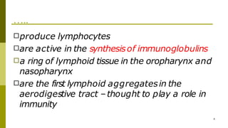 …..
4
□produce lymphocytes
□are active in the synthesisof immunoglobulins
□a ring of lymphoid tissue in the oropharynx and
nasopharynx
□are the first lymphoid aggregatesin the
aerodigestive tract –thought to play a role in
immunity
 