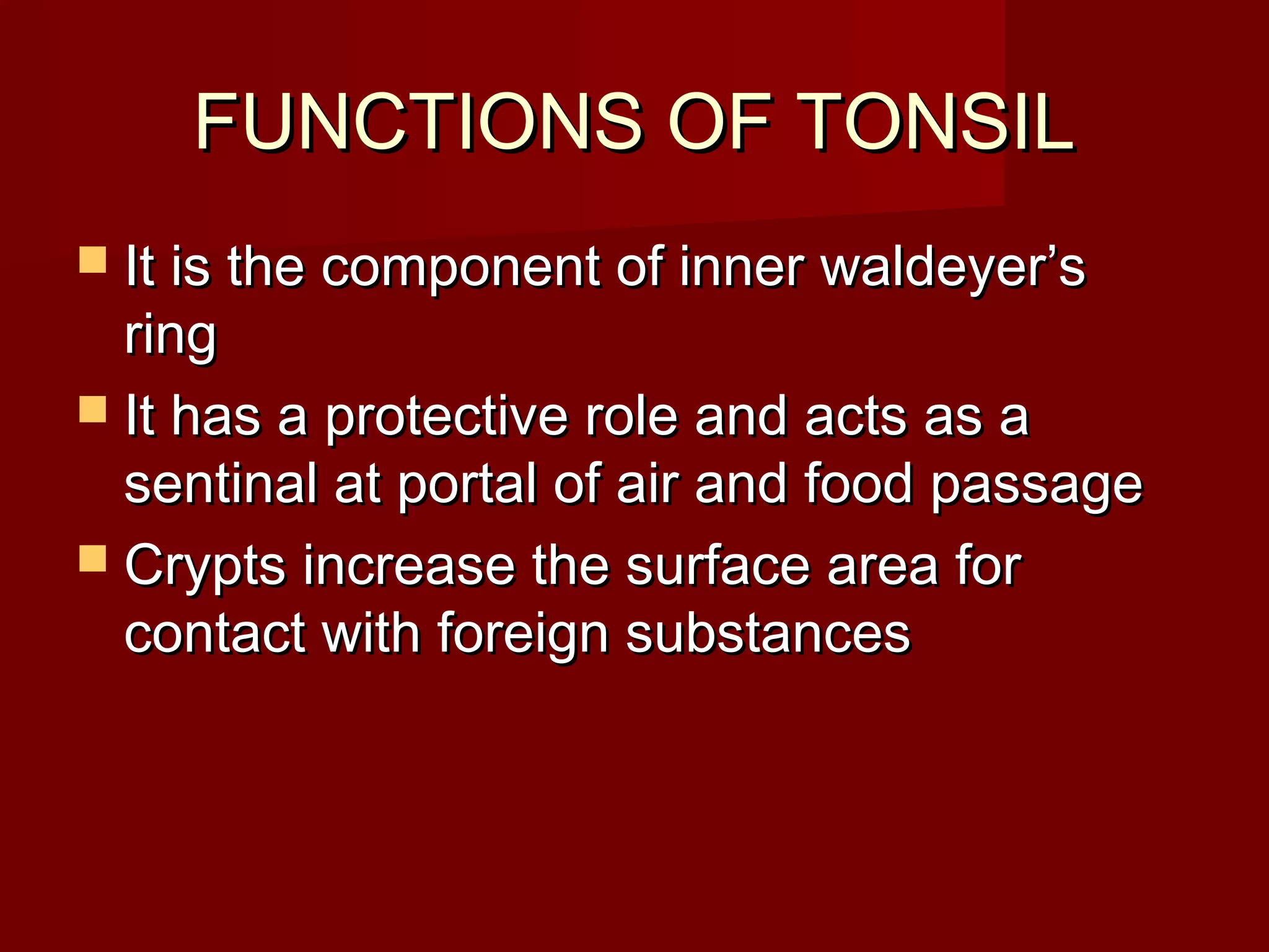 FUNCTIONS OF TONSIL
 It is the component of inner waldeyer’s
  ring
 It has a protective role and acts as a
  sentinal at portal of air and food passage
 Crypts increase the surface area for
  contact with foreign substances
 