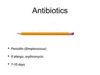 Antibiotics
• Penicillin (Streptococcus)
• If allergic, erythromycin
• 7-10 days
 