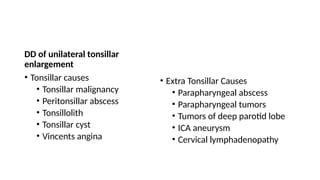 DD of unilateral tonsillar
enlargement
• Tonsillar causes
• Tonsillar malignancy
• Peritonsillar abscess
• Tonsillolith
• Tonsillar cyst
• Vincents angina
• Extra Tonsillar Causes
• Parapharyngeal abscess
• Parapharyngeal tumors
• Tumors of deep parotid lobe
• ICA aneurysm
• Cervical lymphadenopathy
 