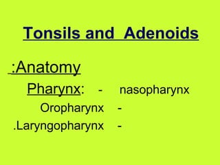Tonsils and  Adenoids   Anatomy:   Pharynx :   -  nasopharynx  -  Oropharynx  -  Laryngopharynx.  