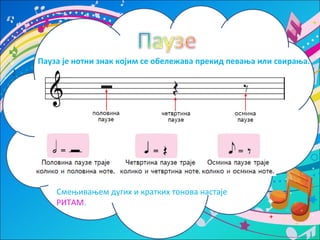 Пауза је нотни знак којим се обележава прекид певања или свирања. 
Смењивањем дугих и кратких тонова настаје 
РИТАМ. 
 