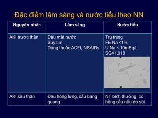 Đặc điểm lâm sàng và nước tiểu theo NN
Nguyên nhân Lâm sàng Nước tiểu
AKI trước thận Dấu mất nước
Suy tim
Dùng thuốc ACEI, NSAIDs
Trụ trong
FE Na <1%
U Na < 10mEq/L
SG>1,018
AKI sau thận Đau hông lưng, cầu bàng
quang
NT bình thường, có
hồng cầu nếu do sỏi
 