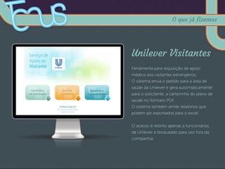 Unilever Visitantes
Ferramenta para requisição de apoio
médico aos visitantes estrangeiros.
O sistema envia o pedido para a área de
saúde da Unilever e gera automaticamente
para o solicitante, a carteirinha do plano de
saúde no formato PDF.
O sistema também emite relatórios que
podem ser exportados para o excel.
O acesso é restrito apenas a funcionários
da Unilever e bloqueado para uso fora da
companhia.
O que já fizemos
 
