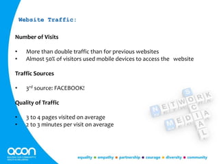Number of Visits
• More than double traffic than for previous websites
• Almost 50% of visitors used mobile devices to access the website
Traffic Sources
• 3rd source: FACEBOOK!
Quality of Traffic
• 3 to 4 pages visited on average
• 2 to 3 minutes per visit on average
Website Traffic:
 
