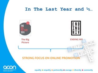 In The Last Year and ½…
The Big
Picture
ENDING HIV
STRONG FOCUS ON ONLINE PROMOTION
 