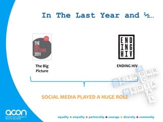 In The Last Year and ½…
The Big
Picture
ENDING HIV
SOCIAL MEDIA PLAYED A HUGE ROLE
 