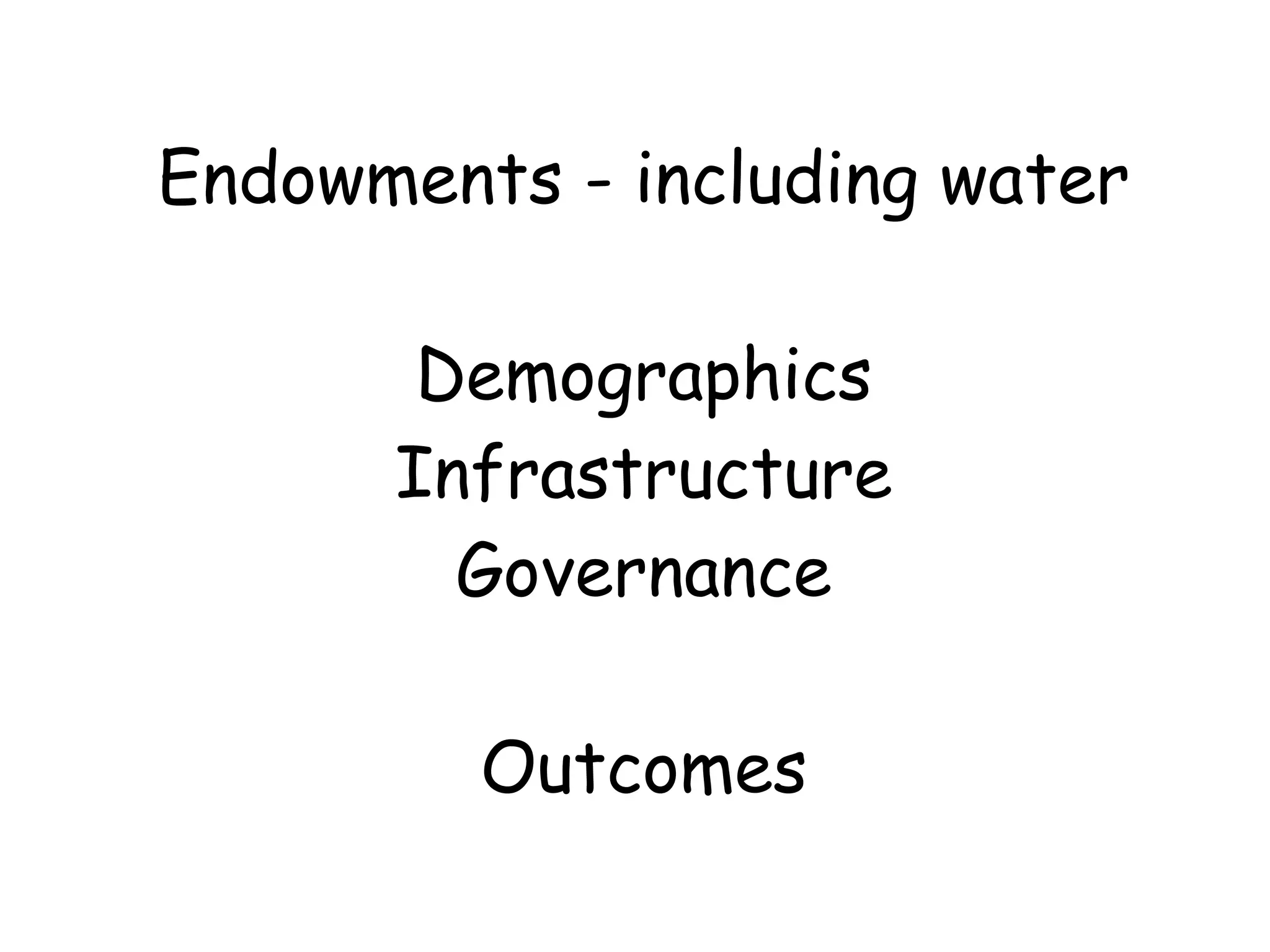 Endowments - including water Demographics Infrastructure Governance Outcomes 