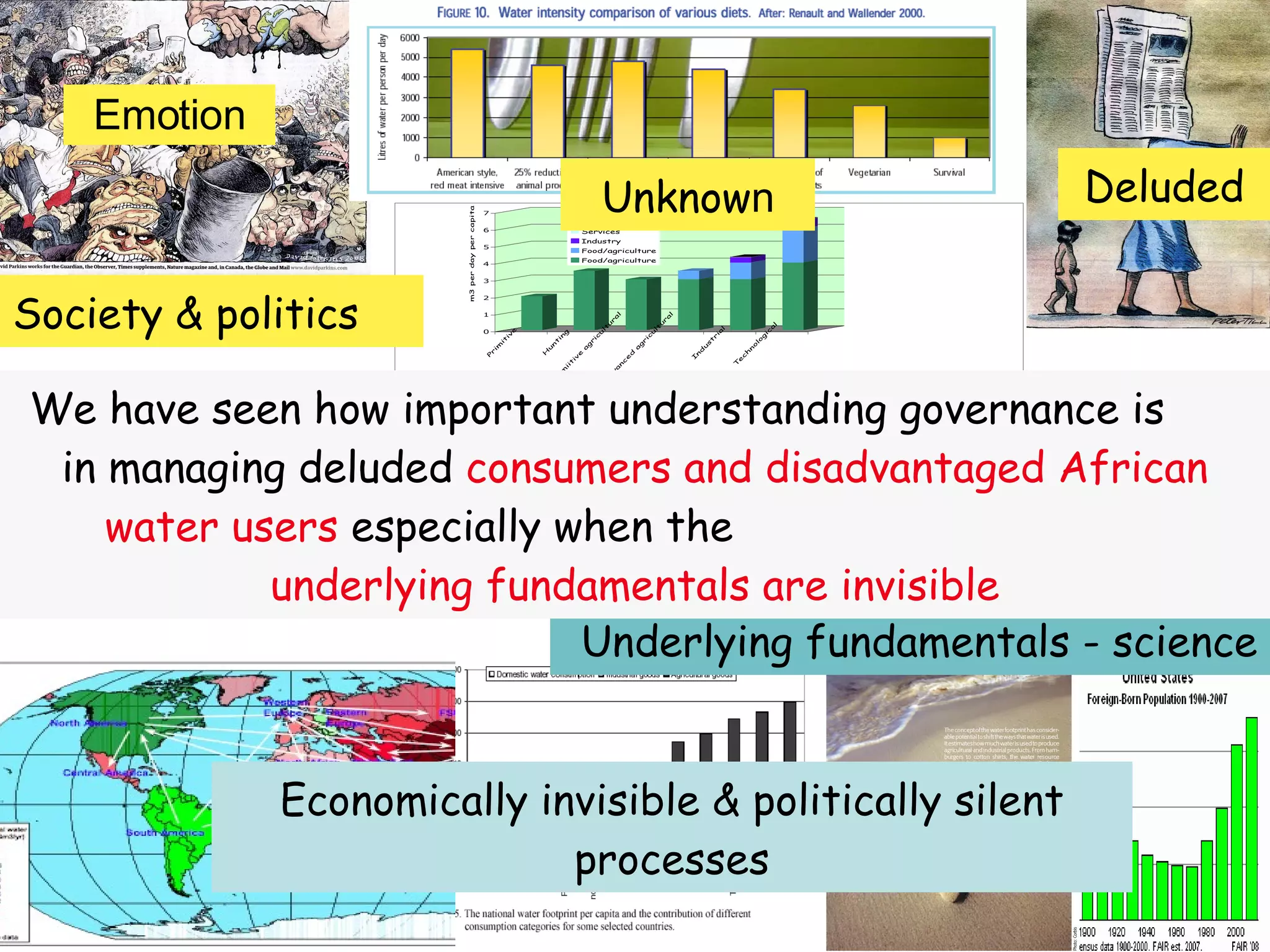 Water in Africa - CEAUP - Porto 2008 Society & politics Underlying fundamentals - science Emotion Unknow n Deluded Economically invisible & politically silent processes We have seen how important understanding governance is  in managing deluded  consumers and disadvantaged African water users  especially when the   underlying fundamentals are invisible 