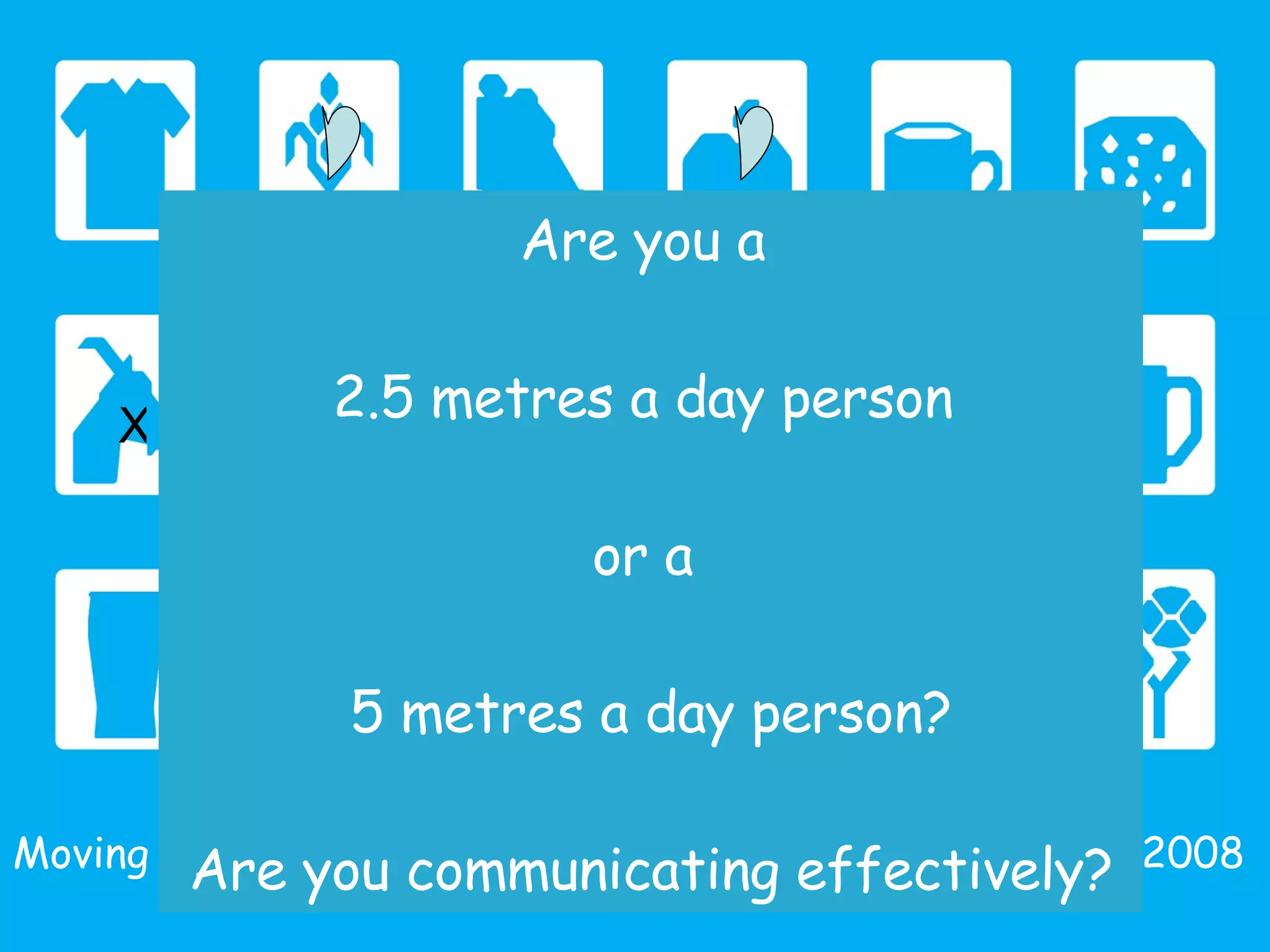Water in Africa - CEAUP - Porto 2008 Moving the minds of consumers  Angela Morelli 2008 Are you a  2.5 metres a day person  or a  5 metres a day person? Are you communicating effectively? X 