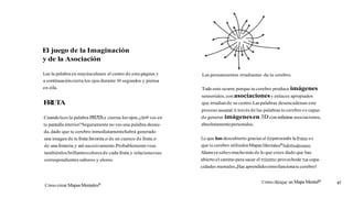 El juego de la Imaginación
y de la Asociación
                                                                                   +
Lee la palabra en mayúsculasen el centro de esta página,y       Los pensamientos irradiantes de tu cerebro.
a continuación cierra los ojos durante 30 segundos y piensa
en eila.                                                        Todo esto ocurre porque tu cerebro produce imágenes
                                                                sensoriales, con asociaciones y enlaces apropiados
                                                                que irradian de su centro. Las palabras desencadenan este
                                                                proceso menta1.A través de las palabras tu cerebro es capaz
Cuando lees la palabra FRUTAy cierras los ojos,¿qué ves en      de generar imágenes en 3D coninfíítas asociaciones,
tu pantalla interior?Seguramente no ves una palabra desnu-      absolutamente personales.
da, dado que tu cerebro inmediatamente habrá generado
una imagen de tu fnita favorita,^ de un cuenco de fruta,o       Lo que has descubierto gracias al ((ejerciciode la fruta» es
de una frutería,^ así sucesivamente.Probablemente veas          que tu cerebro utilizalos Mapas Mentalesmhabitualmente.
 tambiénlos brillantes colores de cada fruta,y relaciones sus   Ahoraya sabes mucho más de lo que crees dado que has
correspondientes sabores y olores.                              abierto el camino para sacar el máximo provechode his capa-
                                                                cidades mentales. ¡Has aprendido cómo funciona tu cerebro!


                                                                                                Cómo chbujar un Mapa MentalB
Cómo crear Mapas MentalesB
 