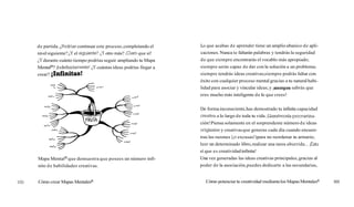 de partida. ¿Podrías continuar este proceso, completando el   Lo que acabas de aprender tiene un amplio abanico de apli-
       nivel siguiente? ¿Yel siguiente? ¿Yotro más? ¡Claroque sí!    caciones. Nunca te faltarán palabras y tendrás la seguridad
       ¿Ydurante cuánto tiempo podrías seguir ampliando tu Mapa      de que siempre encontrarás el vocablo más apropiado;
       MentalB? ¡Indefinidamente! cuántas ideas podrías llegar a
                                ¿Y                                   siempre serás capaz de dar con la solución a un problema;
       crear?   ;Infinitas!                                          siempre tendrás ideas creativas;siempre podrás lidiar con
                                                                     éxito con cualquier proceso mental gracias a tu natural habi-
                                                                     lidad para asociar y vincular ideas; y jsiempre sabrás que
                                                                     eres mucho más inteligente de lo que crees!


                                                                     De forma inconsciente,has demostrado tu infinita capacidad
                                                                     creativa a lo largo de toda tu vida. ~Llarnémosla
                                                                                                                     procrastina-
                                                                     ción! Piensa solamente en el sorprendente número d e ideas
                                                                     originales y creativas que generas cada día cuando encuen-
                                                                     tras las razones (¡Oexcusas!) para no reordenar tu armario,
                                                                     leer un determinado libro, realizar una tarea aburrida... ¡Ésta
                                                                     sí que es creatividad infinita!
       Mapa MentalB que demuestra que posees un número infi-         Una vez generadas las ideas creativas principales, gracias al
       nito d e habilidades creativas.                               poder de la asociación, puedes dedicarte a las secundarias,


1 O0   Cómo crear Mapas Mentalesa                                       Cómo potenciar tu creatividad mediante los Mapas MentalesB     101
 