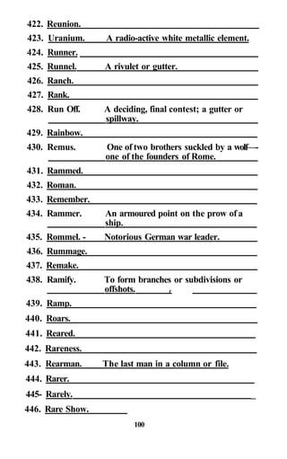 422. Reunion.
423. Uranium. A radio-active white metallic element.
424. Runner.
425. Runnel. A rivulet or gutter.
426. Ranch.
427. Rank.
428. Run Off. A deciding, final contest; a gutter or
spillway.
429. Rainbow.
430. Remus. One of two brothers suckled by a wolf—-
one of the founders of Rome.
431. Rammed.
432. Roman.
433. Remember.
434. Rammer. An armoured point on the prow of a
ship.
435. Rommel. - Notorious German war leader.
436. Rummage.
437. Remake.
438. Ramify. To form branches or subdivisions or
offshots. t
439. Ramp.
440. Roars.
441. Reared.
442. Rareness.
443. Rearman. The last man in a column or file.
444. Rarer.
445- Rarely. _
446. Rare Show.
100
 