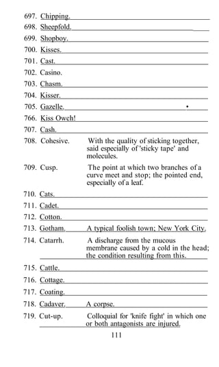 697. Chipping.
698. Sheepfold. _____
699. Shopboy.
700. Kisses.
701. Cast.
702. Casino.
703. Chasm.
704. Kisser.
705. Gazelle. •
766. Kiss Owch!
707. Cash.
708. Cohesive. With the quality of sticking together,
said especially of 'sticky tape' and
molecules.
709. Cusp. The point at which two branches of a
curve meet and stop; the pointed end,
especially of a leaf.
710. Cats.
711. Cadet.
712. Cotton.
713. Gotham. A typical foolish town; New York City.
714. Catarrh. A discharge from the mucous
membrane caused by a cold in the head;
the condition resulting from this.
715. Cattle.
716. Cottage.
717. Coating.
718. Cadaver. A corpse.
719. Cut-up. Colloquial for 'knife fight' in which one
or both antagonists are injured.
111
 