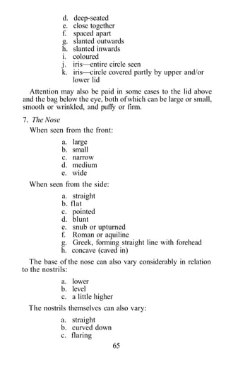 d. deep-seated
e. close together
f. spaced apart
g. slanted outwards
h. slanted inwards
i. coloured
j. iris—entire circle seen
k. iris—circle covered partly by upper and/or
lower lid
Attention may also be paid in some cases to the lid above
and the bag below the eye, both ofwhich can be large or small,
smooth or wrinkled, and puffy or firm.
7. The Nose
When seen from the front:
a. large
b. small
c. narrow
d. medium
e. wide
When seen from the side:
a. straight
b. flat
c. pointed
d. blunt
e. snub or upturned
f. Roman or aquiline
g. Greek, forming straight line with forehead
h. concave (caved in)
The base of the nose can also vary considerably in relation
to the nostrils:
a. lower
b. level
c. a little higher
The nostrils themselves can also vary:
a. straight
b. curved down
c. flaring
65
 