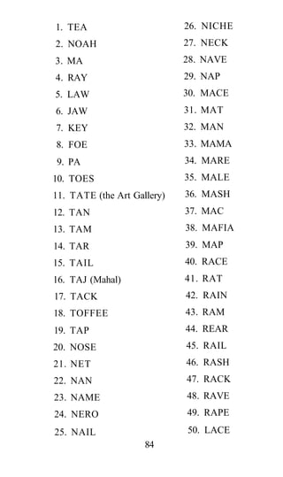 1. TEA
2. NOAH
3. MA
4. RAY
5. LAW
6. JAW
7. KEY
8. FOE
9. PA
10. TOES
11. TATE (the Art Gallery)
12. TAN
13. TAM
14. TAR
15. TAIL
16. TAJ (Mahal)
17. TACK
18. TOFFEE
19. TAP
20. NOSE
21. NET
22. NAN
23. NAME
24. NERO
25. NAIL
26. NICHE
27. NECK
28. NAVE
29. NAP
30. MACE
31. MAT
32. MAN
33. MAMA
34. MARE
35. MALE
36. MASH
37. MAC
38. MAFIA
39. MAP
40. RACE
41. RAT
42. RAIN
43. RAM
44. REAR
45. RAIL
46. RASH
47. RACK
48. RAVE
49. RAPE
50. LACE
84
 