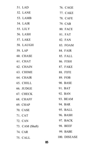 51. LAD
52. LANE
53. LAMB
54. LAIR
55. LILY
56. LASH
57. LAKE
58. LAUGH
59. LAP
60. CHASE
61. CHAT
62. CHAIN
63. CHIME
64. CHAIR
65. CHILL
66. JUDGE
67. CHECK
68. CHAFF
69. CHAP
70. CASE
71. CAT
72. CAN
73. CAM (Shaft)
74. CAR
75. CALL
76. CAGE
77. CAKE
78. CAFE
79. CAB
80. FACE
81. FAT
82. FAN
83. FOAM
84. FAIR
85. FALL
86. FISH
87. FAKE
88. FIFE
89. FOB
90. BASE
91. BAT
92. BAN
93. BEAM
94. BAR
95. BALL
96. BASH
97. BACK
98. BEEF
99. BABE
100. DISEASE
85
 