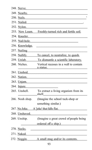 248. Nerve.
249. Nearby.
250. Nails. '
251. Nailed. .
252. Nylon.
253. New Loam. Freshly-turned rich and fertile soil.
254. Kneeler.
255. Nail-hole.
256. Knowledge.
257. Nailing
258. Nullify. To cancel, to neutralize, to quash.
259. Unlab. To dismantle a scientific laboratory.
260. Niches. Vertical recesses in a wall to contain
a statue.
261. Unshod.
262. Nation.
263. Unjam.
264. Injure.
265. Unshell. To extract a living organism from its
shell
266. Nosh shop. (Imagine the school tuck-shop or
something similar.)
267. No Joke. A 'joke' that falls flat.
268. Unshaved.
269. Unship. (Imagine a great crowd of people being
ordered off a ship.)
270. Necks.
271. Naked.
272. Noggin. A small mug and/or its contents.
93
 