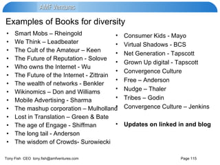 Examples of Books for diversity Smart Mobs – Rheingold We Think – Leadbeater The Cult of the Amateur – Keen The Future of Reputation - Solove  Who owns the Internet - Wu The Future of the Internet - Zittrain  The wealth of networks - Benkler  Wikinomics – Don and Williams Mobile Advertising - Sharma  The mashup corporation – Mulholland Lost in Translation – Green & Bate The age of Engage - Shiffman  The long tail - Anderson  The wisdom of Crowds- Surowiecki  Consumer Kids - Mayo Virtual Shadows - BCS Net Generation - Tapscott  Grown Up digital - Tapscott Convergence Culture  Free – Anderson Nudge – Thaler Tribes – Godin Convergence Culture – Jenkins Updates on linked in and blog 
