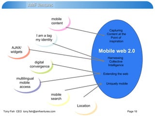 mobile  content Harnessing  Collective Intelligence Capturing  Content at the Point of  inspiration Extending the web Mobile web 2.0 I am a tag my identity multilingual mobile  access digital  convergence mobile search AJAX/ widgets Uniquely mobile Location 