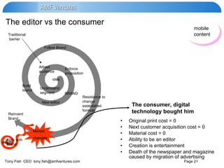 The editor vs the consumer Original print cost = 0 Next customer acquisition cost = 0 Material cost = 0 Ability to be an editor Creation is entertainment Death of the newspaper and magazine caused by migration of advertising The consumer, digital technology bought him idea Understand segment Attract  audience Traditional  barrier Enforce proposition BRAND New editor Build brand Follow Brand Resistance to change established formula Market  changes death Reinvent Brand Stick with Brand mobile  content 