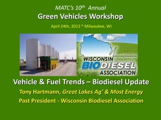 MATC’s 10th Annual
Green Vehicles Workshop
April 24th, 2013 * Milwaukee, WI
Vehicle & Fuel Trends – Biodiesel Update
Tony Hartmann, Great Lakes Ag’ & Most Energy
Past President - Wisconsin Biodiesel Association
 