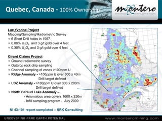 Quebec, Canada ‐ 100% Ownership

Lac Yvonne Project
Mapping/Sampling/Radiometric Survey
  6 Short Drill holes in 1957
  0....